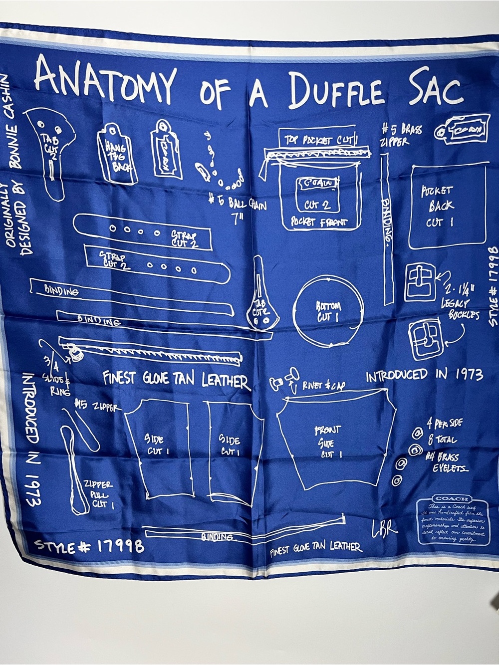 NWT Coach Anatomy of a Duffle Sack Square Silk Scarf Blue & White style 83064 - Picture 2 of 13